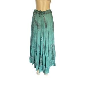 Karma Highway Boho Maxi Skirt Green India Rayon Drawstring One Size Festival